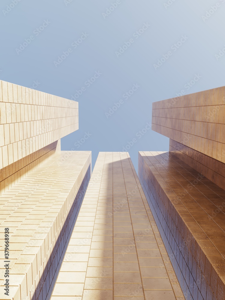 Fototapeta premium Skyscraper, tower,modern building -3D render.Architectural construction against the blue sky.Simple, stylish, popular architectural illustration for advertising, business, presentations, wallpapers. 