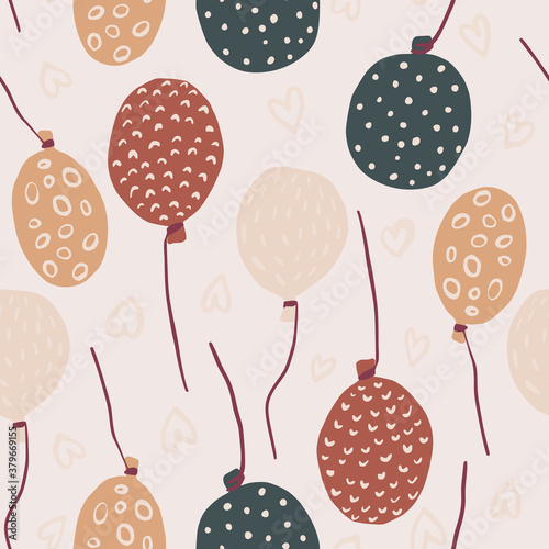 Random seamless pattern with doodle maroon, navy blue and orange balloons. Light pastel background.