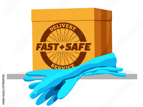 Fast and safe delivery sign or concept picture with cardboard box, label and rubber or latex gloves for remote sale and transportation services