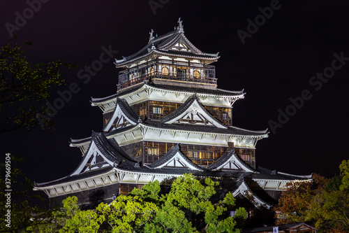 A castle in Hiroshima at night  Japan 