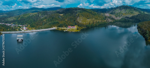 Aerial drone panorama of water dam or Vodna Nadrz in Nova Bistryca, Slovakia. Big water dam and reservoir for the safety of the people and energy generation.