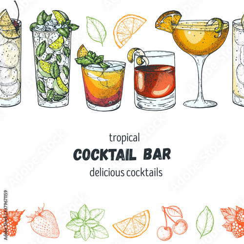 Alcoholic cocktails hand drawn vector illustration. Cocktails set. Menu design elements. Tom collins, mojito, mai tai, sazerac, sidecar.