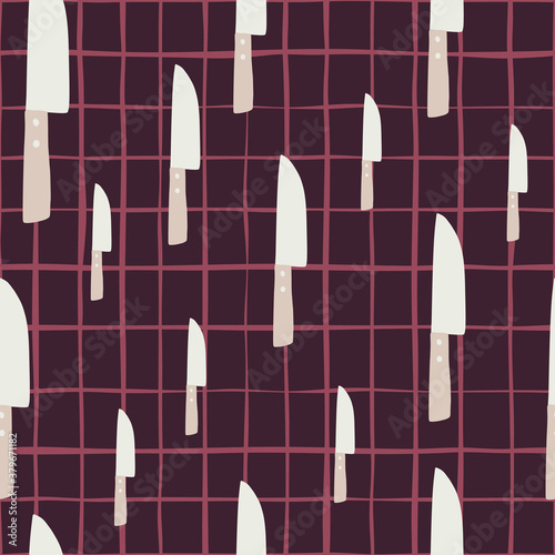 Random seamless pattern with knife simple stylized shapes. White kitchen ornament on dark background with pink check.