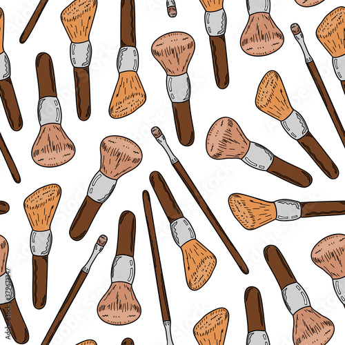 Seamless pattern for make-up brush on a white background. Hand drawing. Vector illustration in a cartoon style.