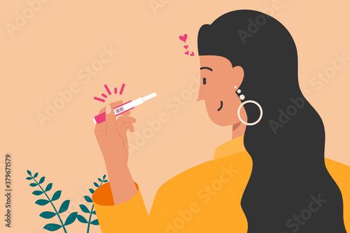 Happy Woman Holding Pregnancy Test with Two Line Marks as Positive Result Flat Design Vector Illustration. Urine Sample Analyzing Kit. Ideal for Digital and Print Infographic.