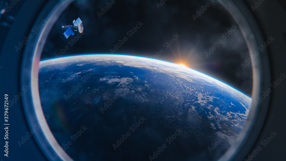 Breathtaking View of the Planet Earth as Seen from the International Space Station Porthole. Rising Sun Illuminates Our Blue Planet and Satellite Flying by. Scientifically Accurate 3D VFX Rendering Breathtaking View of the Planet Earth as Seen from the International Space Station Porthole. Rising Sun Illuminates Our Blue Planet and Satellite Flying by. Scientifically Accurate 3D VFX Rendering