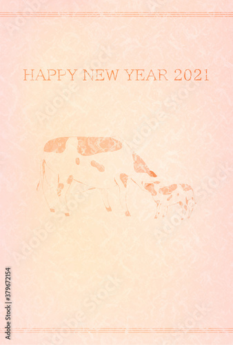 2021年賀状　牛の線画とピンクの和紙