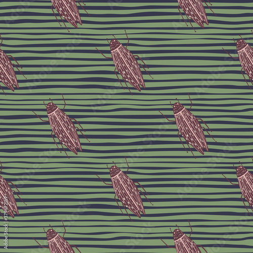 Diagonal purple bugs silhouettes seamless pattern. Doodle insects stylized print with green stripped background.