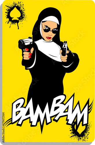 nun with two black pistols on a playing card