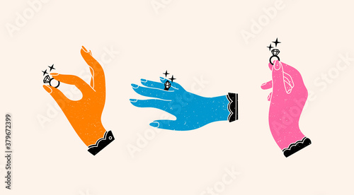 Set of three isolated Elegant Female hands holding and showing the Rings with a sparkling Diamonds. Wedding, jewelry, engagement concept. Hand drawn trendy colored Vector illustration