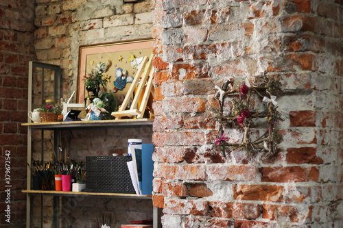 Decorated interior in an old brick building