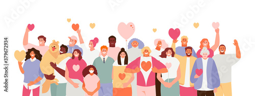 Large crowd of people volunteer with hearts in their hands. Volunteer day concept vector illustration banner