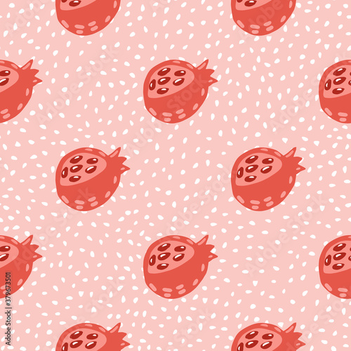 Pastel red ganet hand drawn silhouettes seamless pattern. Stylized fruit print with light pink dotted background.