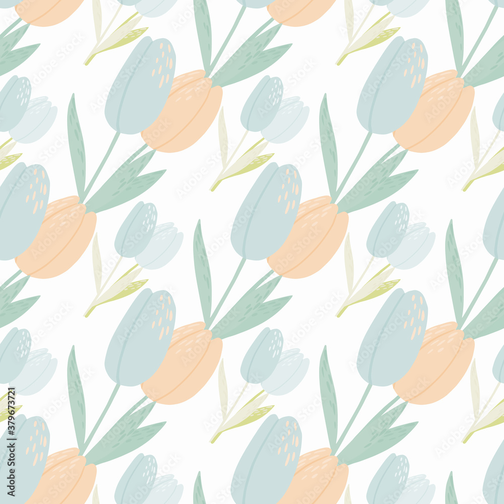 Fototapeta premium Isolated light seamless pattern with blue and pink tulips. Pastel floral ornament on white background.