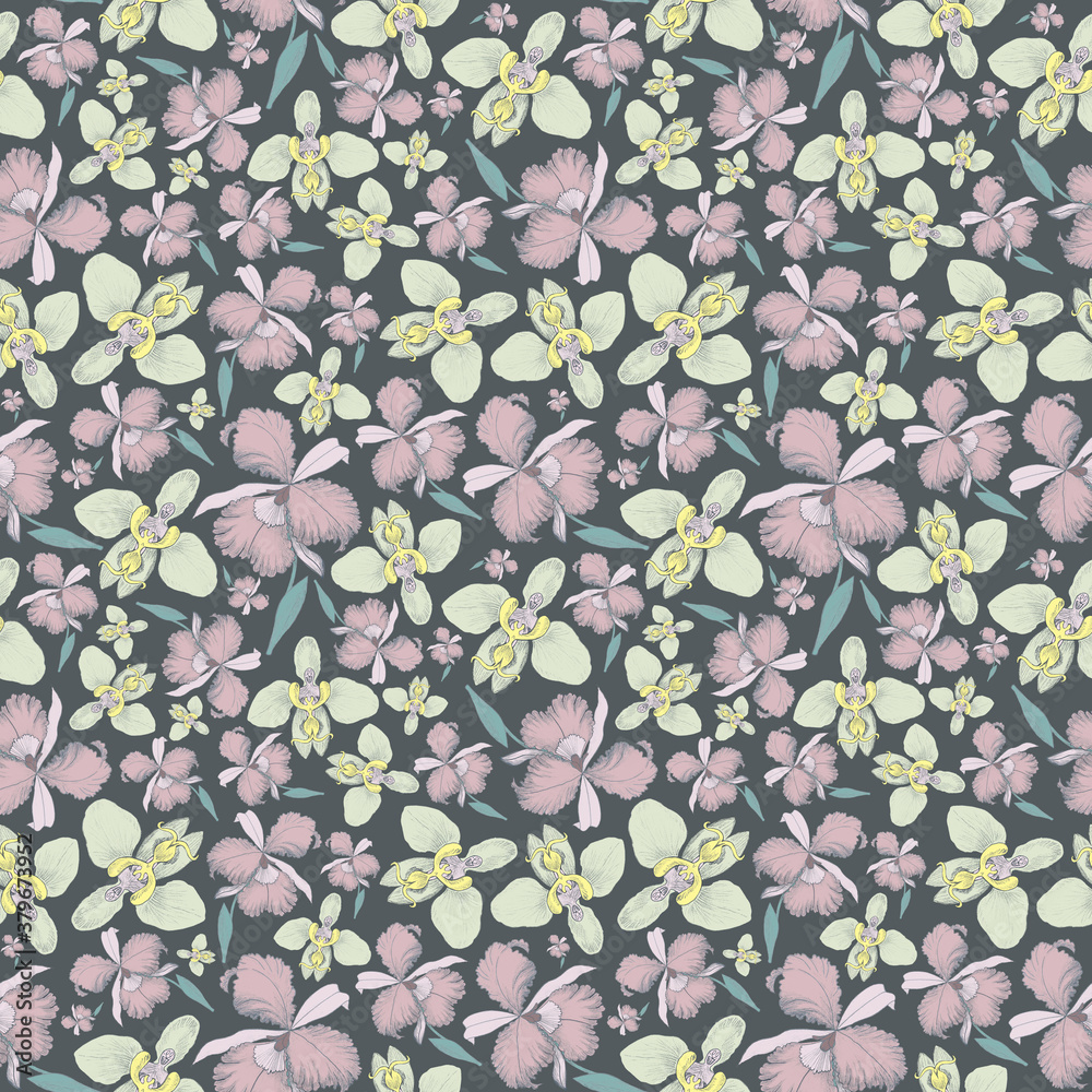 Seamless botanical floral gray pink pattern with blooming orchids