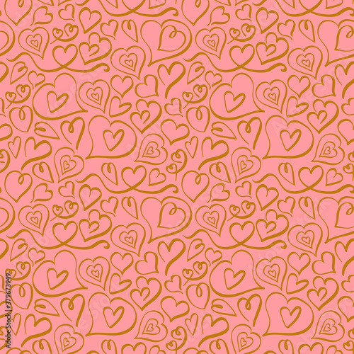 Heart pattern with golden doodles on pink background. Vector illustration.