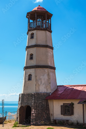 khutor Merzhanovo, Rostov region, Russia - August 3, 2020: lighthouse on the shore of the Sea of Azov on a sunny day close up