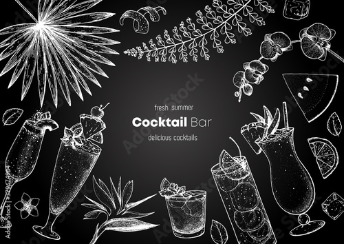 Alcoholic cocktails hand drawn vector illustration. Summer cocktail. Cocktails sketch set. Engraved style. Tropical collection. Summer time.