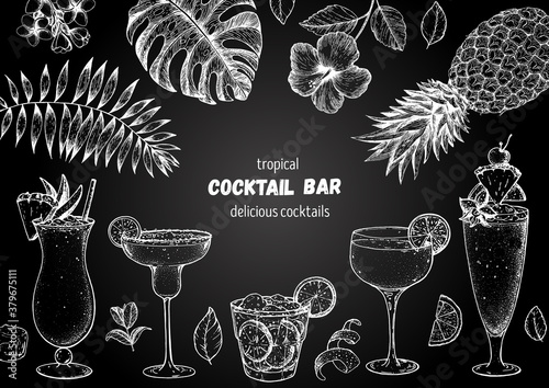 Alcoholic cocktails hand drawn vector illustration. Cocktails sketch set. Engraved style. Tropical collection. Pina colada, margarita, caipiroska, daiquiri, singapore sling.