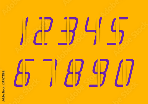 Set of violet numbers with shadow effect on yellow background