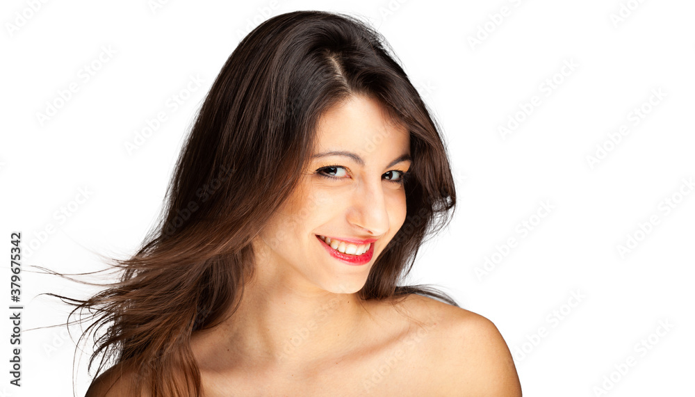 Beautiful woman fashion portrait with hair moving due to the wind, isolated on white Beautiful woman fashion portrait with hair moving due to the wind, isolated on white