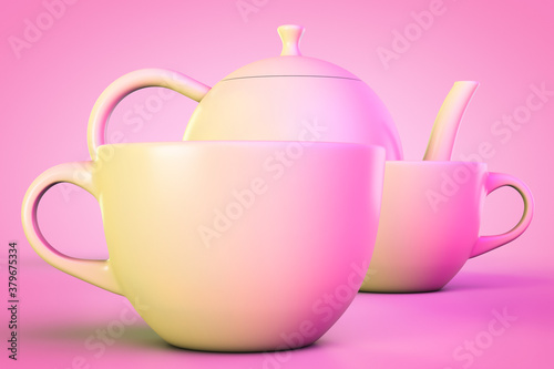 Tea set in pink style. Two mugs and a kettle.