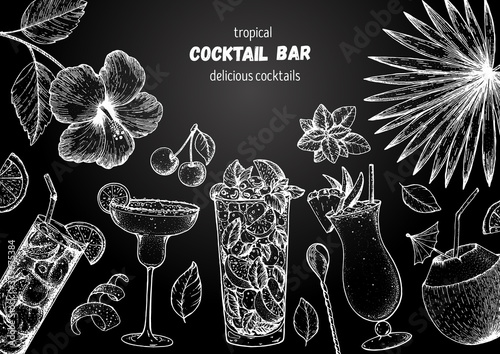 Alcoholic cocktails hand drawn vector illustration. Cocktails sketch set. Engraved style. Tropical collection.