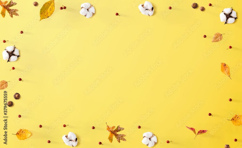 Autumn leaves and cotton flowers - flat lay