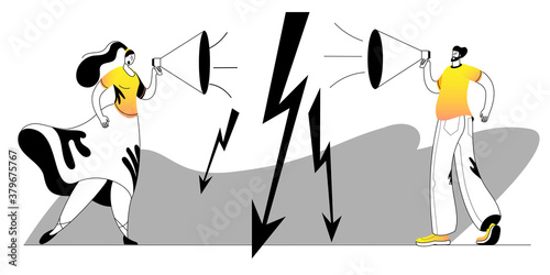 A man and a woman are arguing in megaphones. Vector illustration in outline style on the theme of equality between men and women.