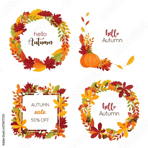 Set with decorative autumn wreaths and frames with leaves, acrons, chestnut, rowan berries, maple. Vector illustration for invitations, sale banners, greeting cards