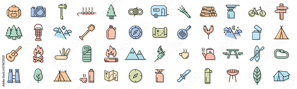 Camping and outdoor outline icons vector - obrazy, fototapety, plakaty 
