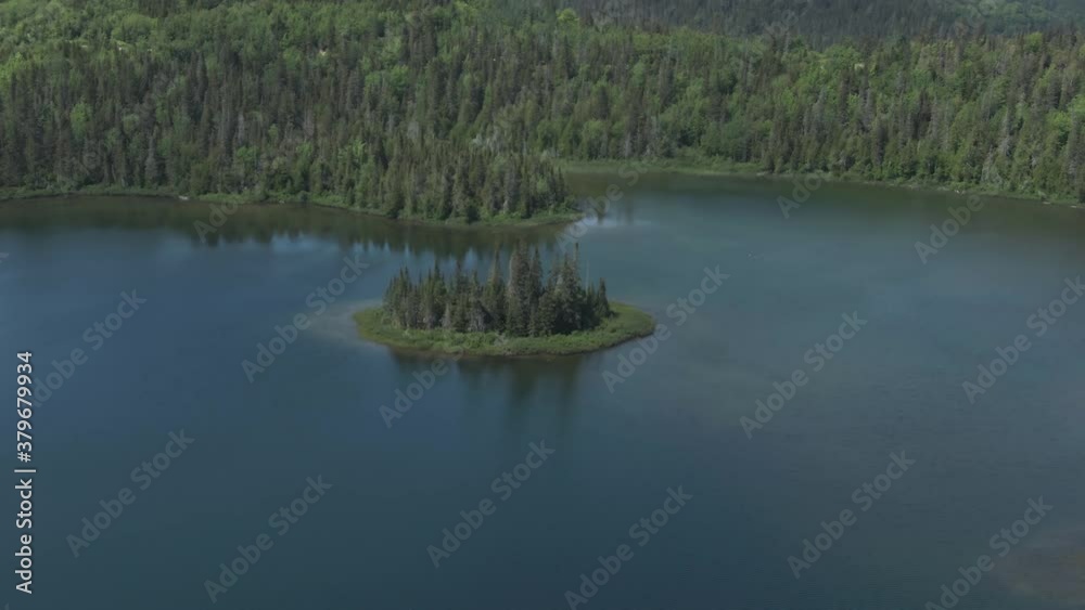 Beautiful Lake At The Saint Anne des Mont In Summer By The Gaspe Peninsula In Quebec, Canada. - aerial drone orbit shot