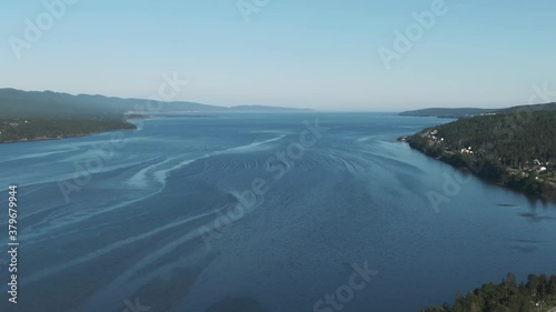 Calm Blue Water By The Gulf of Saint Lawrence River At Daytime In Quebec, Canada. - aerial drone shot photo