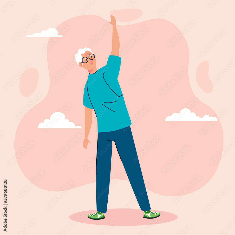 senior man performing stretching with clouds on background vector illustration design senior man performing stretching with clouds on background vector illustration design