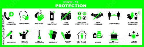 Сorona virus infographic illustration. Concept with symptoms and protective antivirus icons related to coronavirus, 2019-nCoV, COVID-19 infection