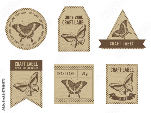 Craft labels vintage design with illustration of emerald swallowtail, swallowtail butterfly