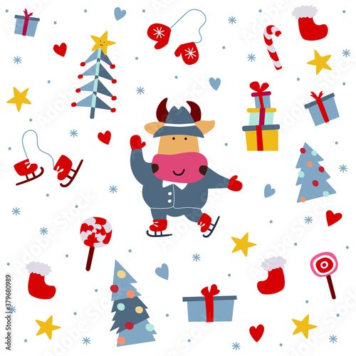 Vector illustration on the theme of the New Year..Bull picture with festive details. For a postcard, for a congratulation, a poster, a sticker.