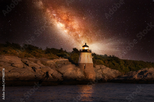 Beautiful stars of the Milky Way Galaxy over Castle Hill Lighthouse in Rhode Island