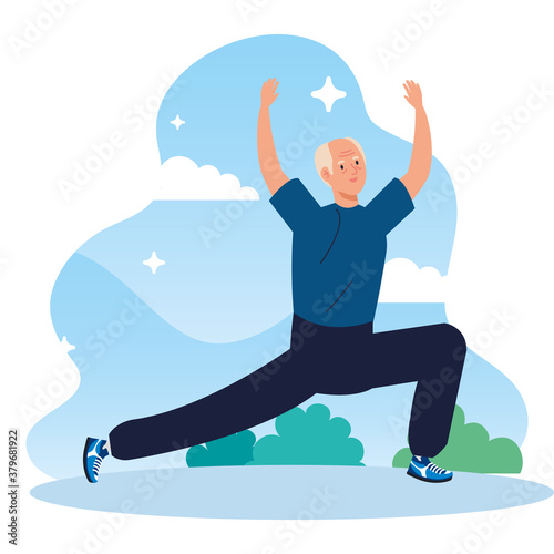 senior man practicing sport in the landscape vector illustration design