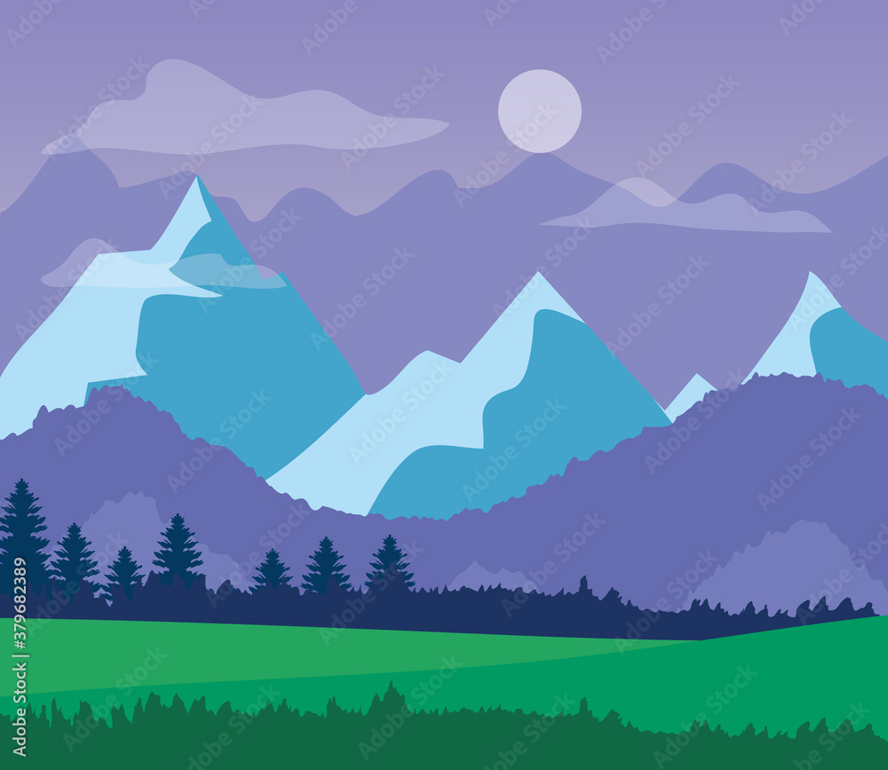 landscape nature with grass field, mountains and purple sky vector illustration design