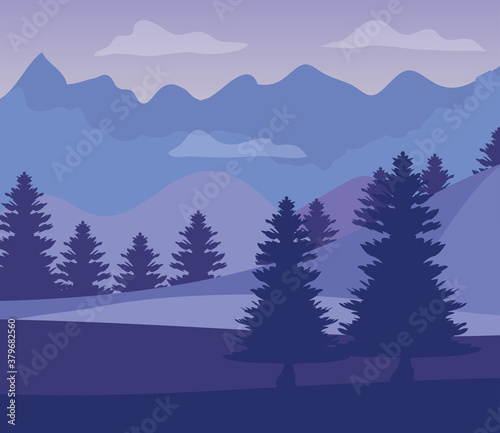 purple landscape with silhouettes of mountains with pine trees vector illustration design