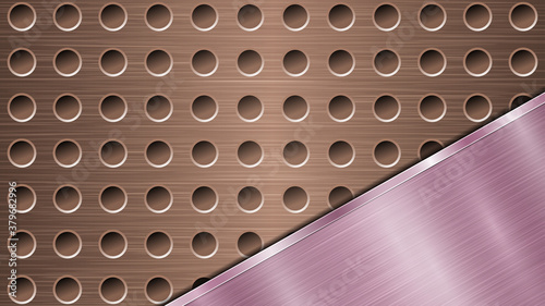 Background of bronze perforated metallic surface with holes and angled purple polished plate with a metal texture, glares and shiny edges
