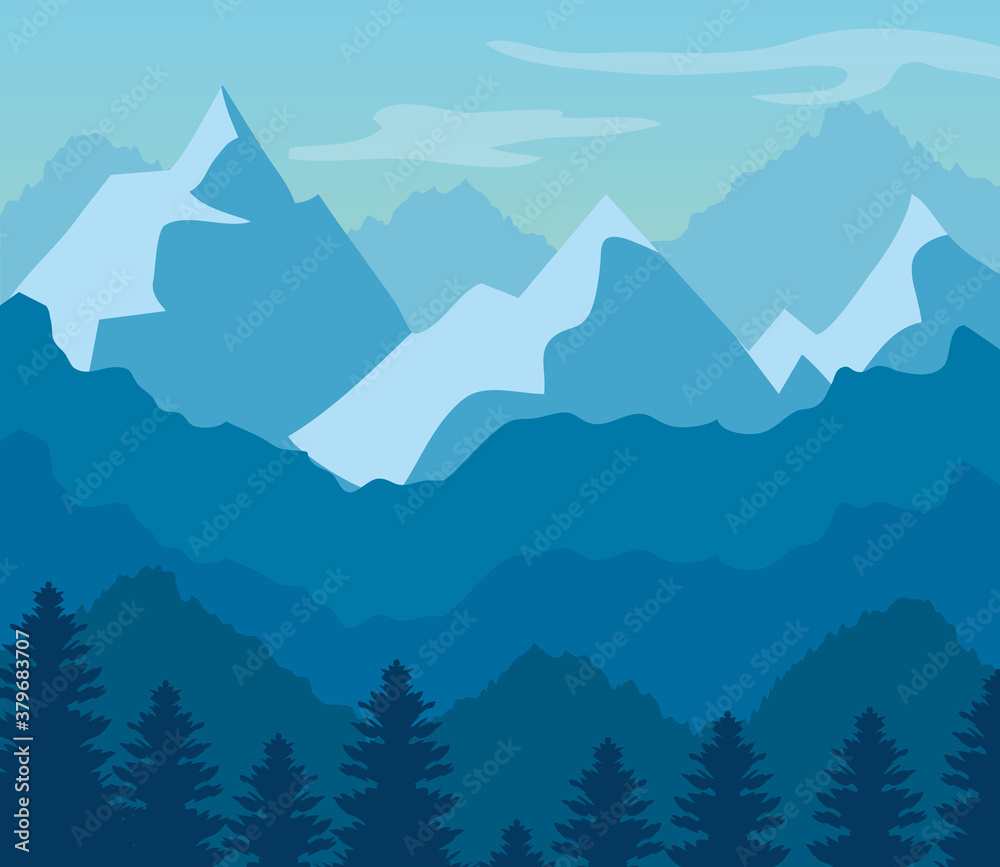 landscape blue and silhouette of mountains with trees pine vector illustration design