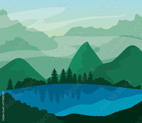 landscape nature with lake  pine trees and mountains vector illustration design