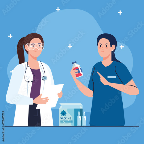 medical vaccine research, women doctors in development coronavirus covid19 vaccine vector illustration design