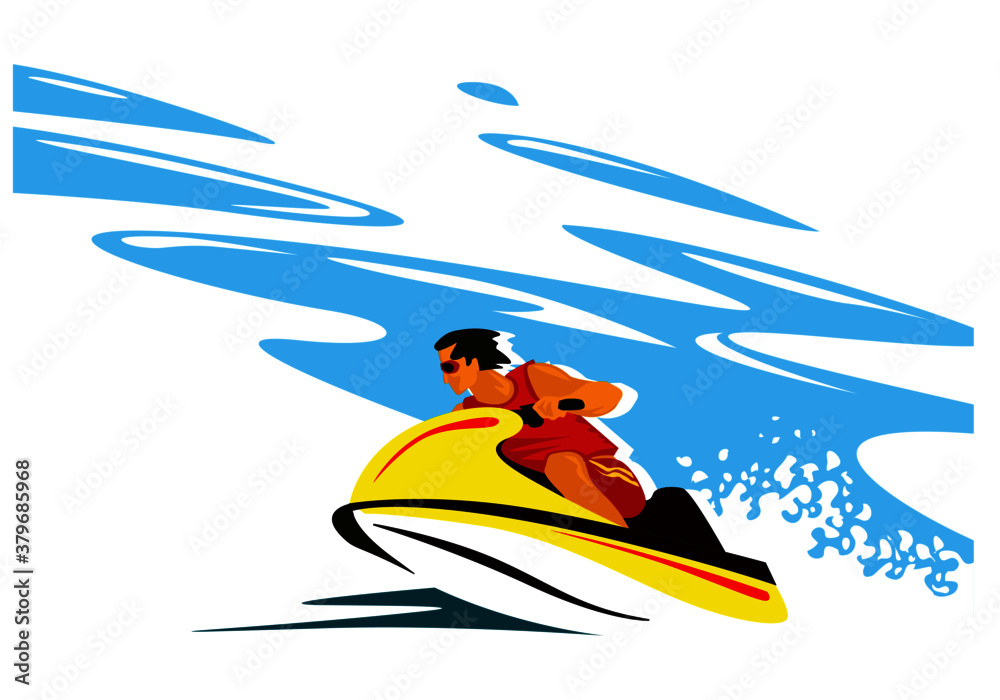 Speed at sea. Brave rider on an aquabike. Vector image for illustrations. 