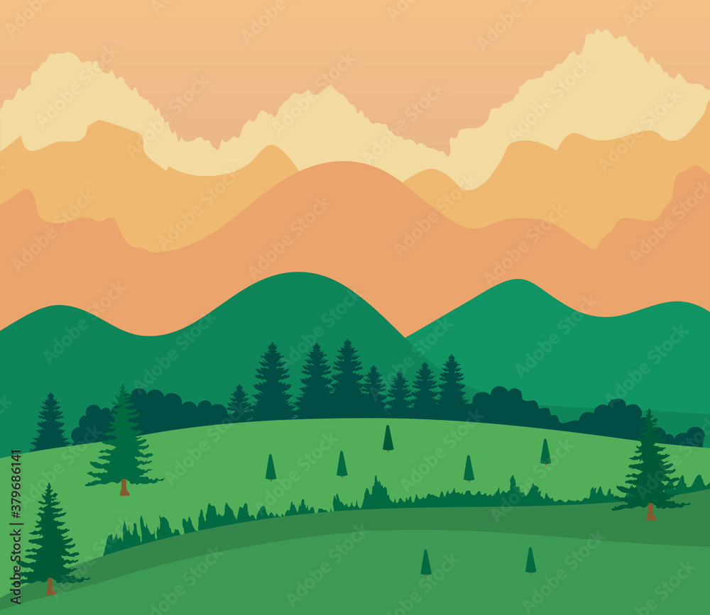 landscape nature with grass field, mountains and orange sky vector illustration design