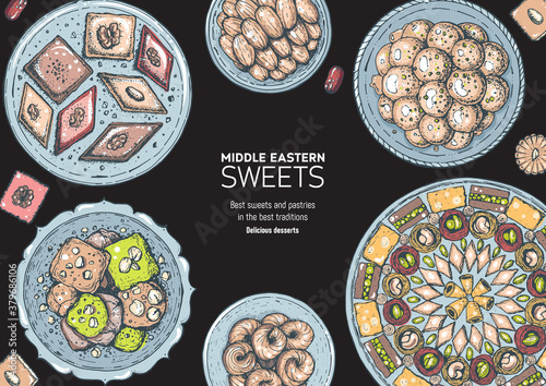 Oriental sweets vector illustration, top view. Middle eastern food, hand drawn. Colorful design template. Food menu background. EPS10