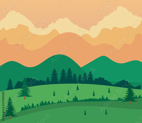 landscape nature with grass field  mountains and orange sky vector illustration design