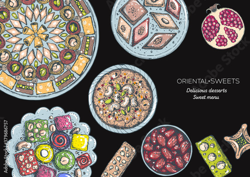 Oriental sweets vector illustration, top view. Middle eastern food, hand drawn. Food menu background. Colorful design template. EPS10